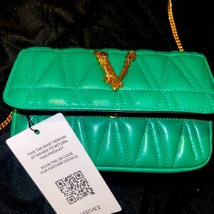 VERSACE VIRTUS MINI QUILTED LEATHER CROSSBODY BAG GREEN